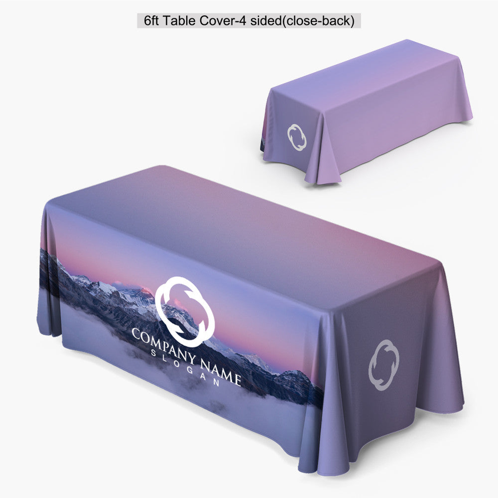Custom printed 6ft 4-sided closed-back table cover featuring a full-bleed forest mountain print and front panel logo, produced by 760 Print in Vista.