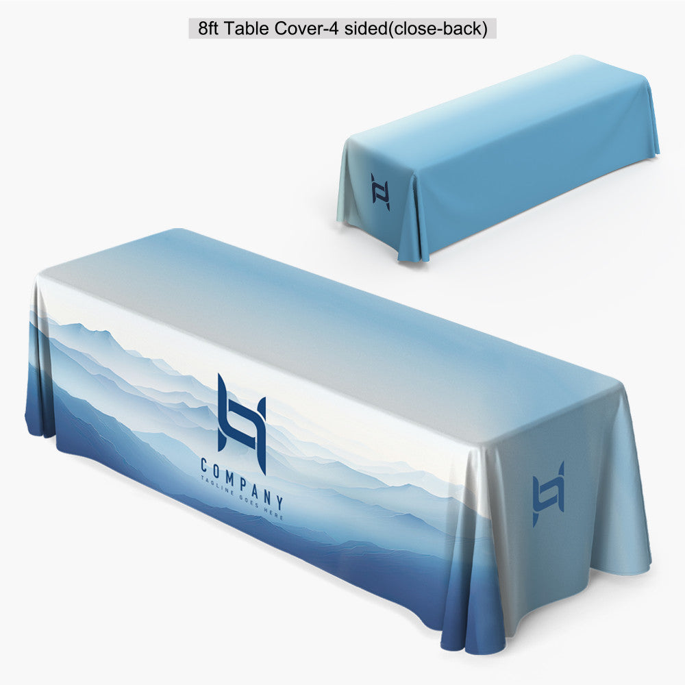 Custom printed 8ft 4-sided closed-back fitted table cover featuring a full-bleed blue mountain landscape design and a white company logo on the front panel, produced by 760 Print in Vista.