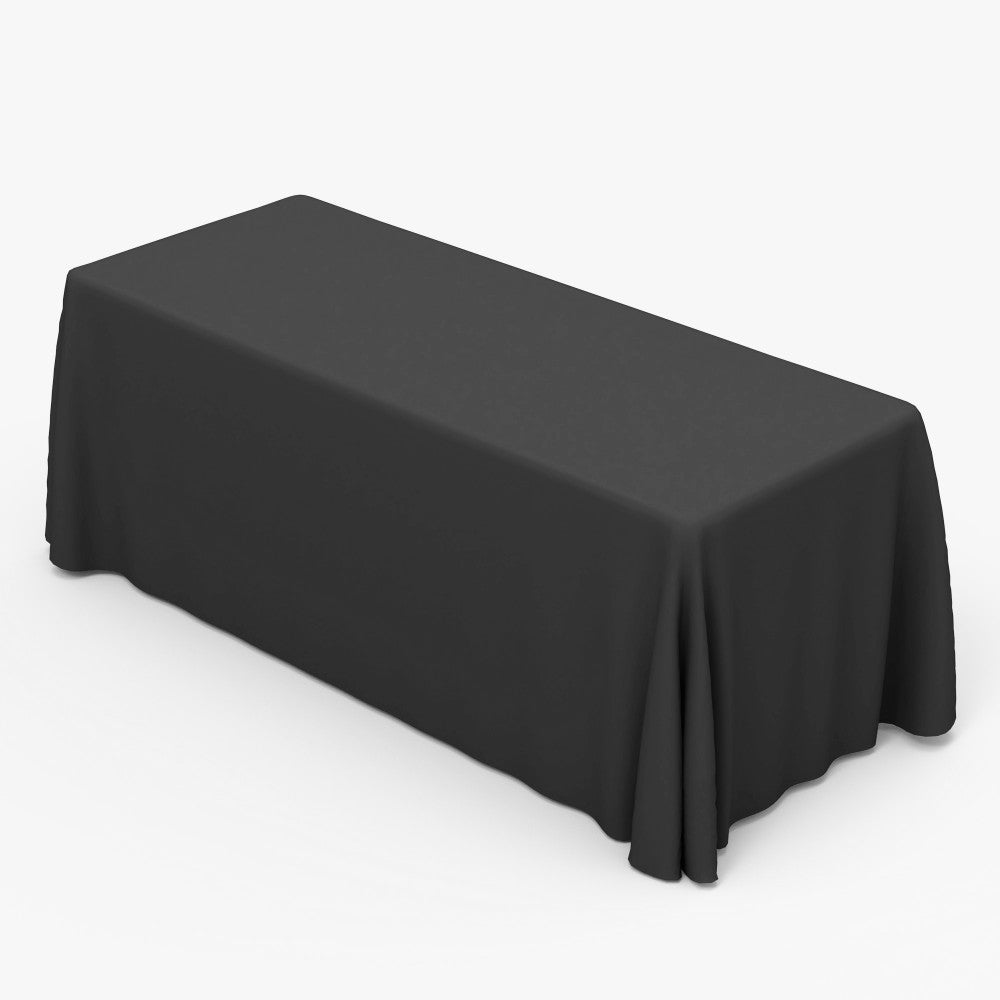 Premium custom fitted 6ft black trade show table cover printed by 760 Print in Vista, showcasing a clean, professional look for corporate events and promotional displays.