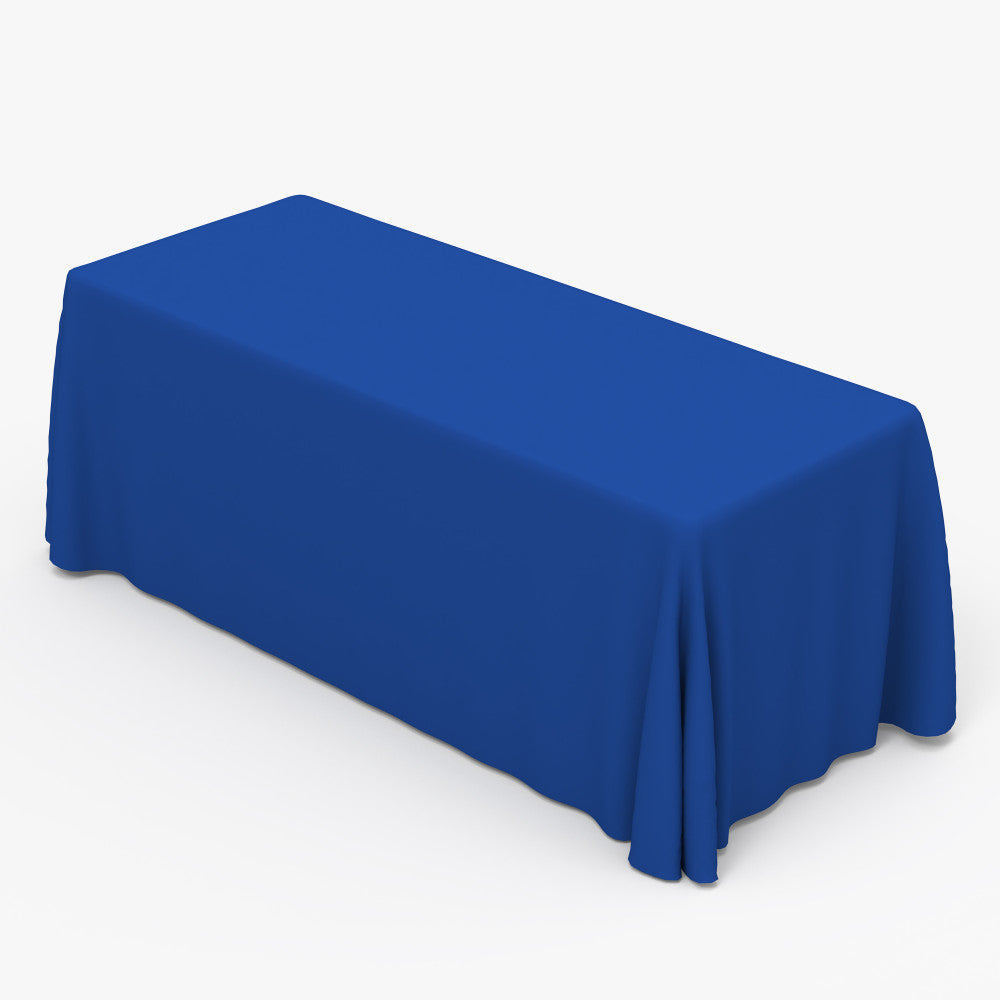 Premium custom fitted 6ft blue trade show table cover printed by 760 Print in Vista, showcasing a clean, professional look for corporate events and promotional displays.