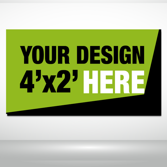 Customizable banner design with text 'Your Design 4'x2' Here' on a green background available to customers at 760 Print.