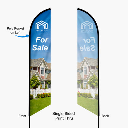 Custom single-sided real estate feather flags with pole pocket on the left side by 760 Print in Vista, featuring a "For Sale" house graphic printed through to a visible reverse side.