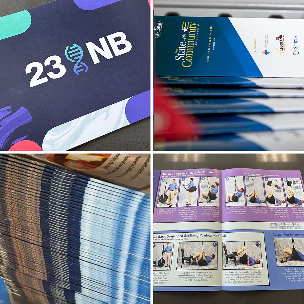 Collage of commercial print marketing materials including custom event programs, bulk trifold brochures, and instructional booklets.
