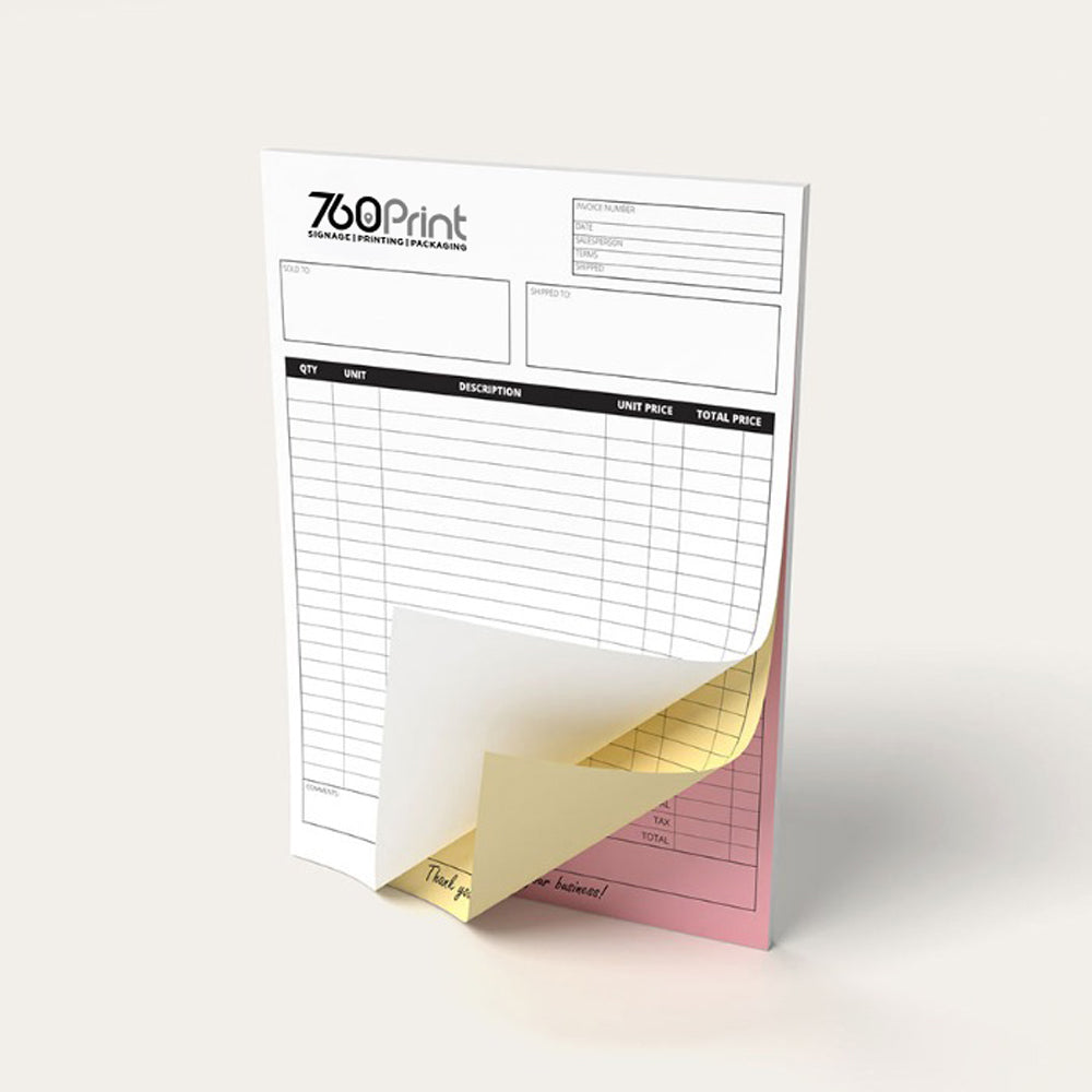 A three-layer carbonless business itemized list form printed and manufactured by 760 Print in Vista CA with their custom letterhead at the top-left of the booklet. 