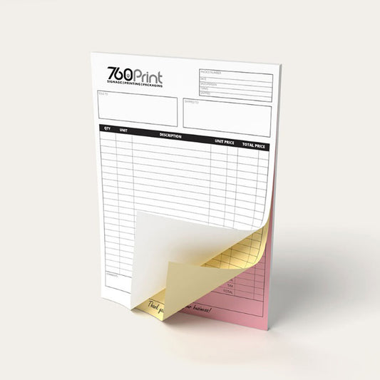 A three-layer carbonless business itemized list form printed and manufactured by 760 Print in Vista CA with their custom letterhead at the top-left of the booklet. 
