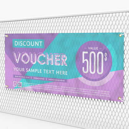 Custom printed outdoor mesh vinyl banner mounted on a chain-link fence with reinforced grommets for wind resistance.