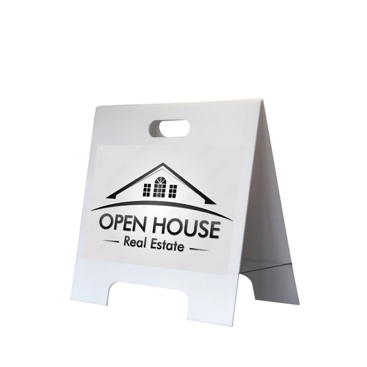 Custom printed mini a-frame with an example reason and design printed on it to show how people should expect the product will be delivered.