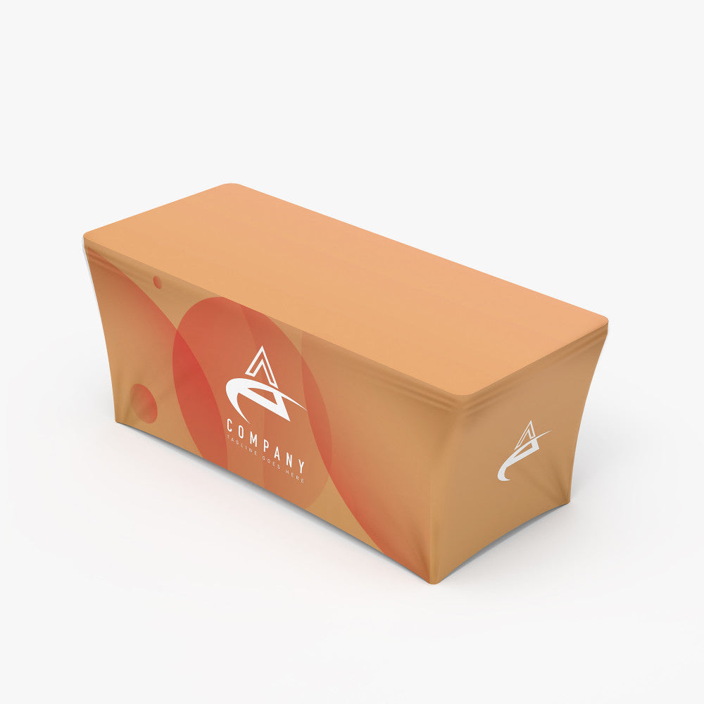 Custom printed orange and coral elastic stretch table cover featuring corporate branding and logo design, ideal for trade shows and exhibitions by 760 Print in Vista.