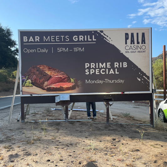 A large custom outdoor printed billboard for Pala Casino's Bar Meets Grill, showcasing durable wide-format printing and commercial outdoor signage by 760 Print.