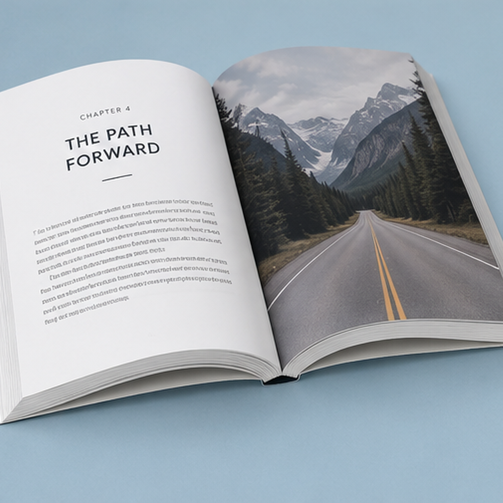 Custom printed perfect bound softcover book open spread showing a chapter title page and a full-page color photograph of a mountain road, produced by 760 Print in Vista.