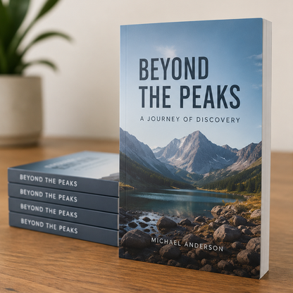 Custom printed perfect bound softcover books featuring a full-color landscape cover design for 'Beyond the Peaks' by Michael Anderson, produced by 760 Print in Vista.