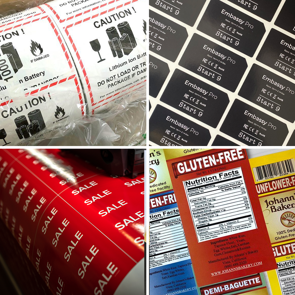 Collection of custom printed labels including lithium battery shipping labels, product identification decals, sale stickers, and gluten-free food packaging labels.