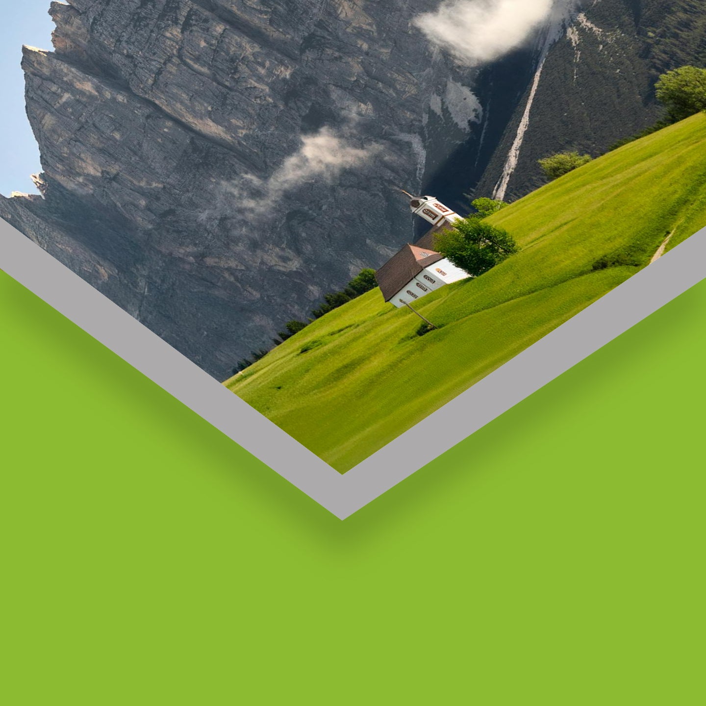 A custom cut green and gray angled Sintra board sign featuring a printed graphic of a house on a steep green hillside below mountains, manufactured by 760 Print.