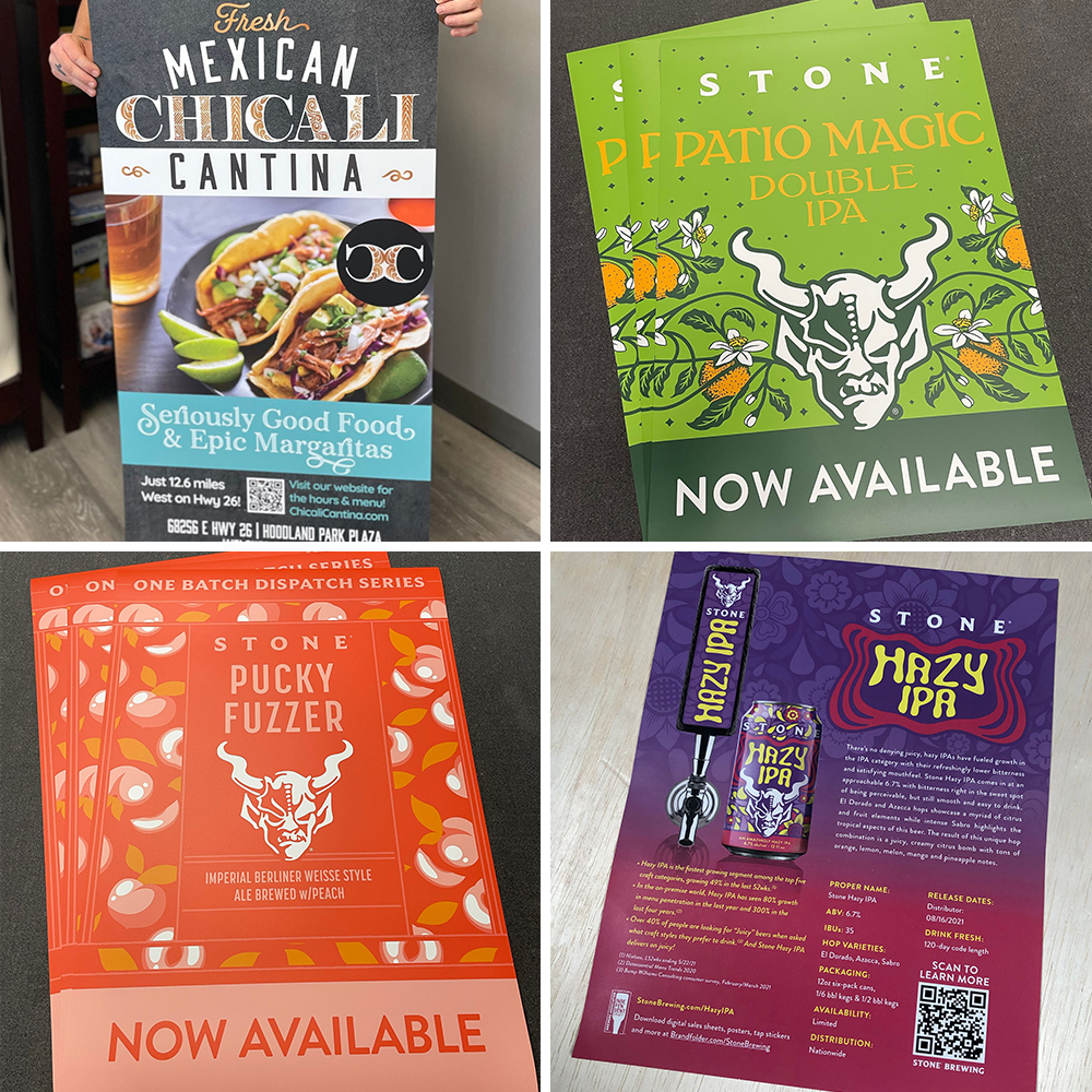 Custom promotional posters for Stone Brewing, and Chicali Cantina showing sharp details and unique artwork.