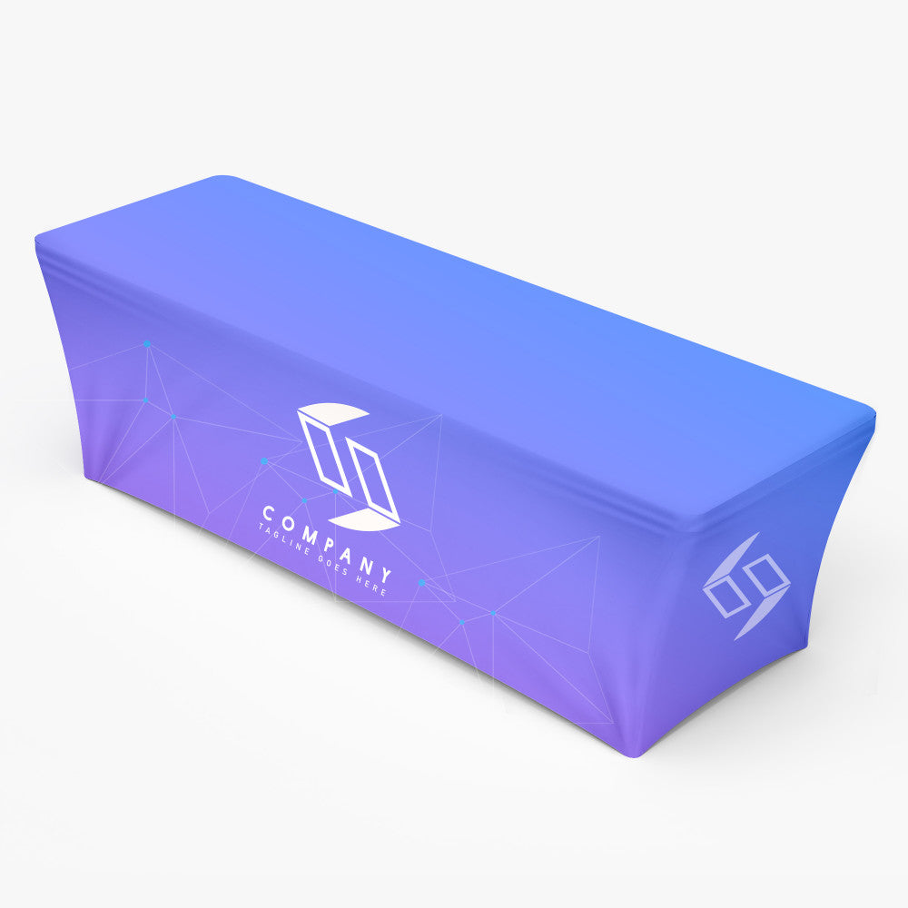 Custom printed purple elastic stretch table cover featuring corporate branding and logo design, ideal for trade shows and exhibitions by 760 Print in Vista.