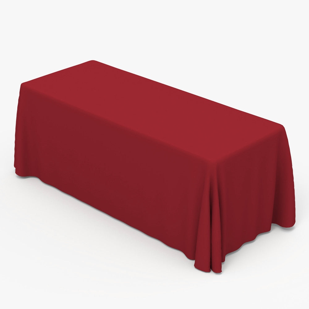 Premium custom fitted 6ft red trade show table cover printed by 760 Print in Vista, showcasing a clean, professional look for corporate events and promotional displays.
