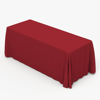 Premium custom fitted 6ft red trade show table cover printed by 760 Print in Vista, showcasing a clean, professional look for corporate events and promotional displays.