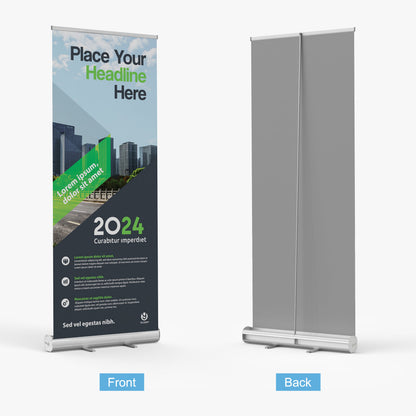 Front and back view of a premium custom retractable banner stand displaying a modern corporate city skyline graphic, printed by 760 Print in San Diego, CA.