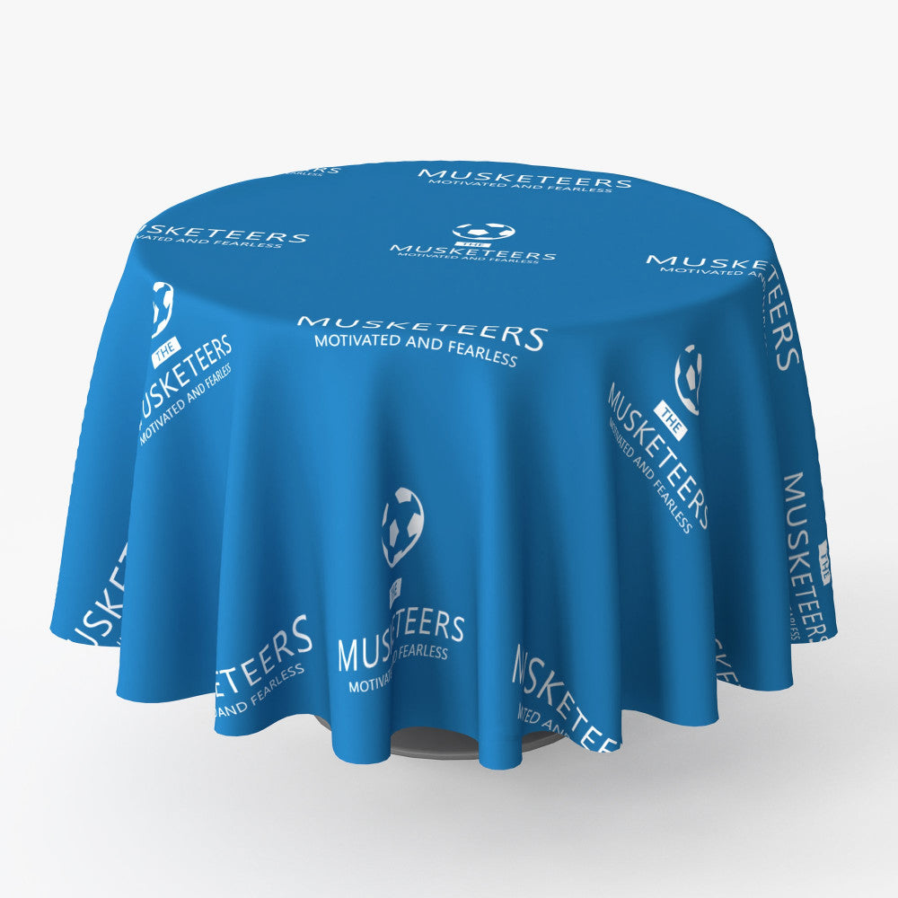 Custom printed blue round table cover featuring "The Musketeers" branding and logo design, ideal for trade shows and promotional events by 760 Print in Vista.