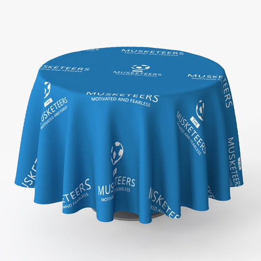 Custom printed blue round table cover featuring "The Musketeers" branding and logo design, ideal for trade shows and promotional events by 760 Print in Vista.