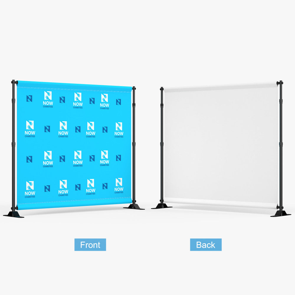 Front and back mockup of a custom blue step and repeat banner backdrop on a black adjustable frame.