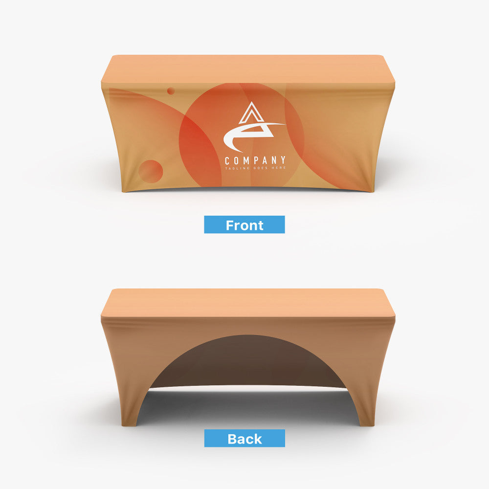 Product mockup showing the front and back views of a custom printed orange stretch table cover with corporate logo and a 3-sided open-back arched cutaway, produced by 760 Print in Vista.