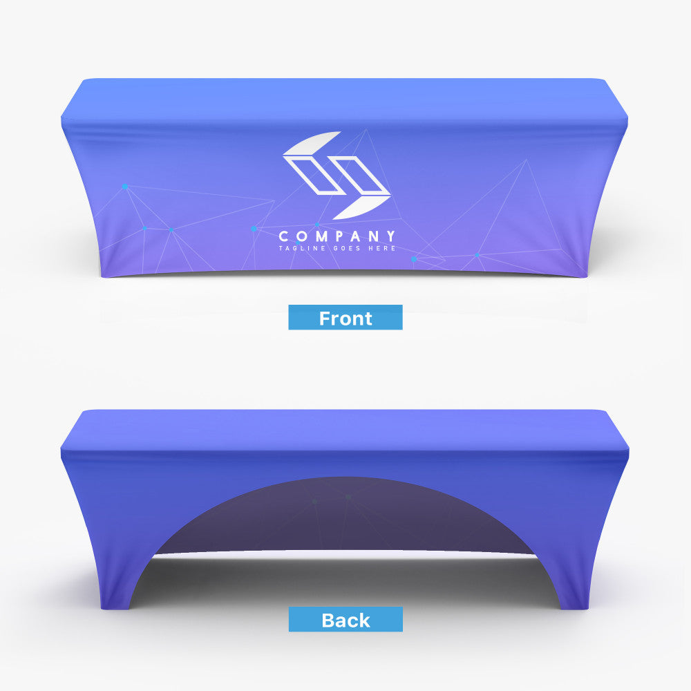 Product mockup showing the front and back views of a custom printed purple stretch table cover with corporate logo and a 3-sided open-back arched cutaway, produced by 760 Print in Vista.
