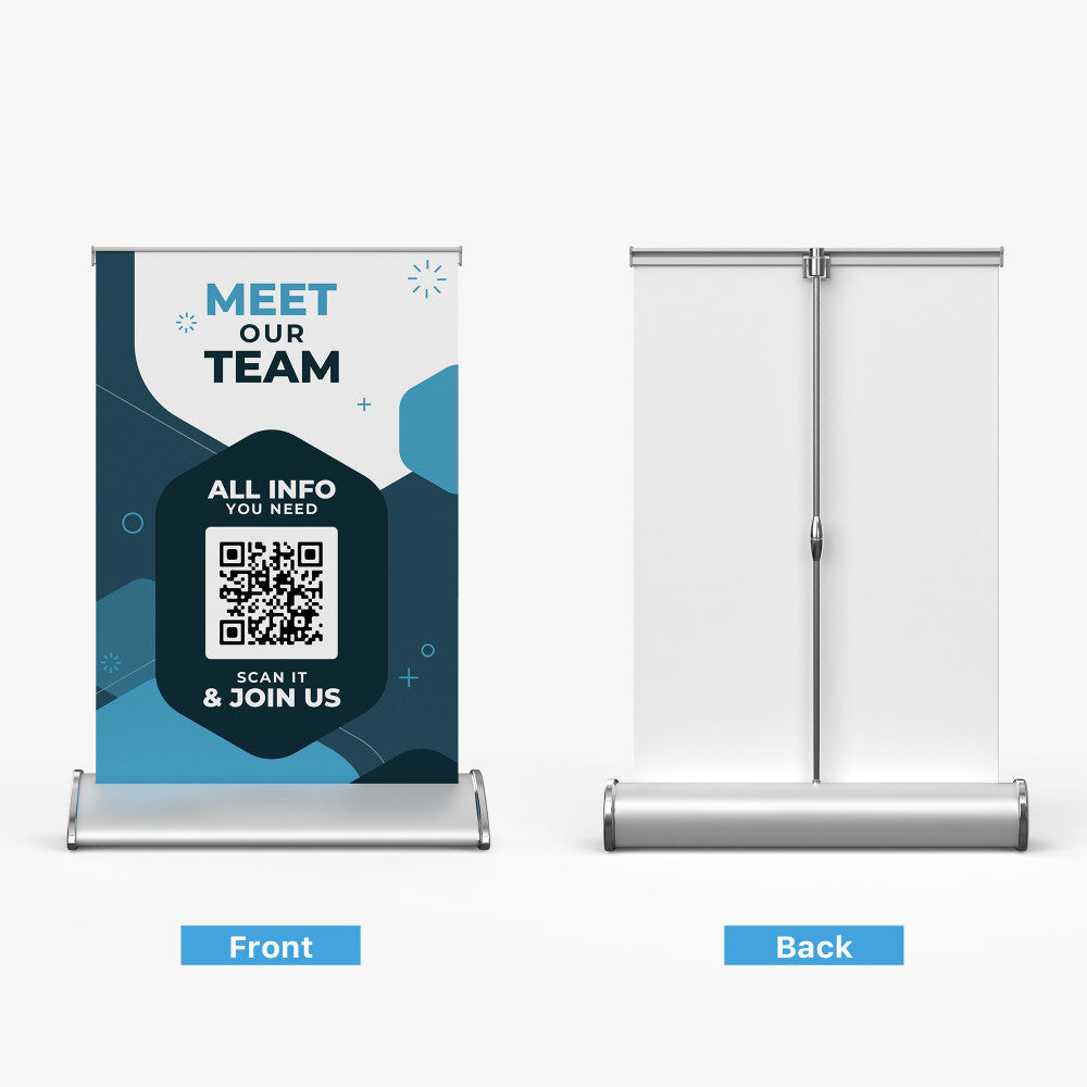 Custom printed tabletop retractable roll-up banner stand front and back view featuring a "Meet Our Team" design with a integrated QR code, produced by 760 Print in Vista.