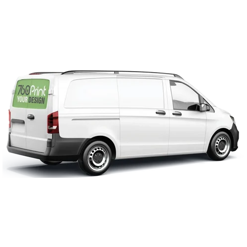 White van with custom window vinyl graphic for marketing company information.
