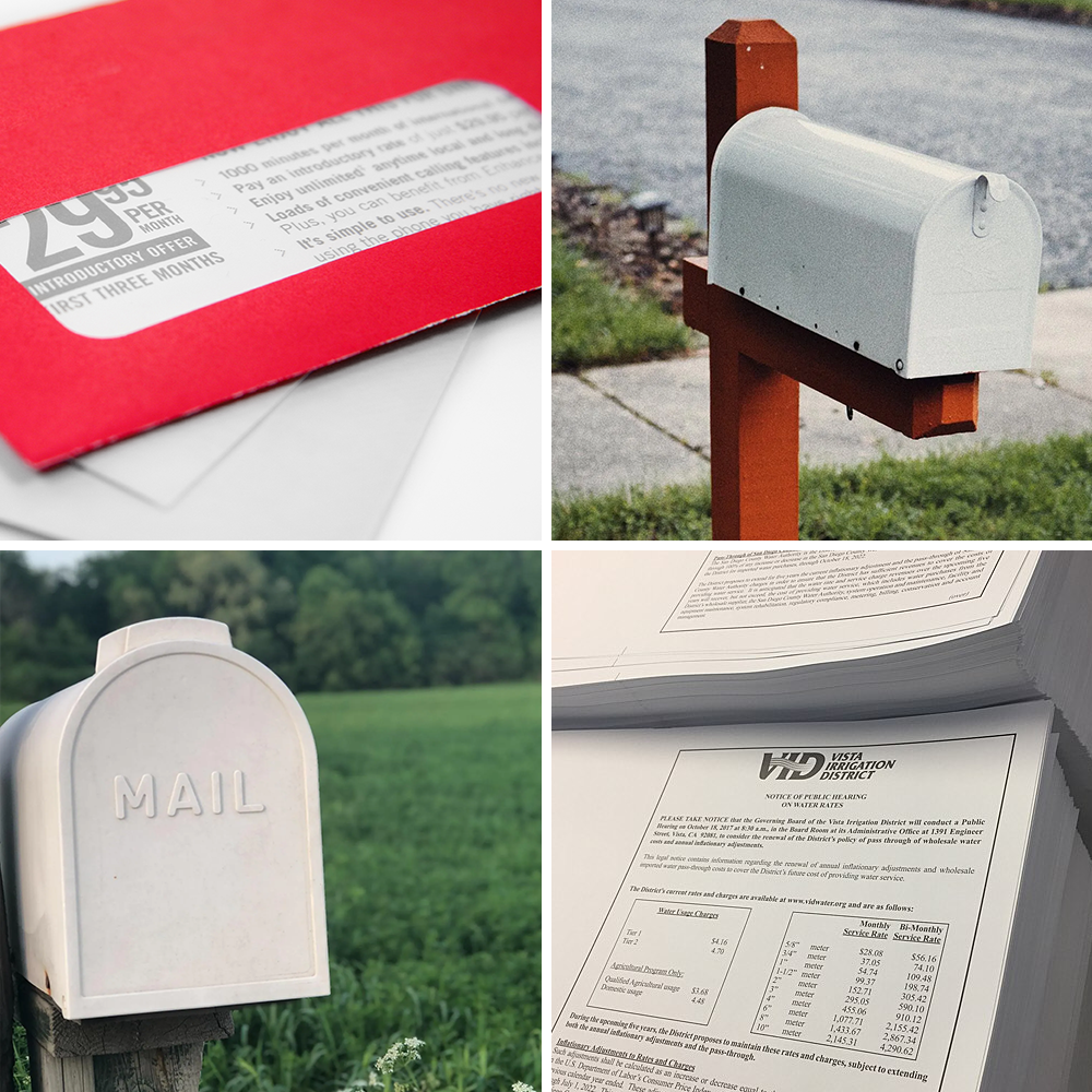 A collection of letters and mailboxes to represent the idea that direct mail to services are provided.