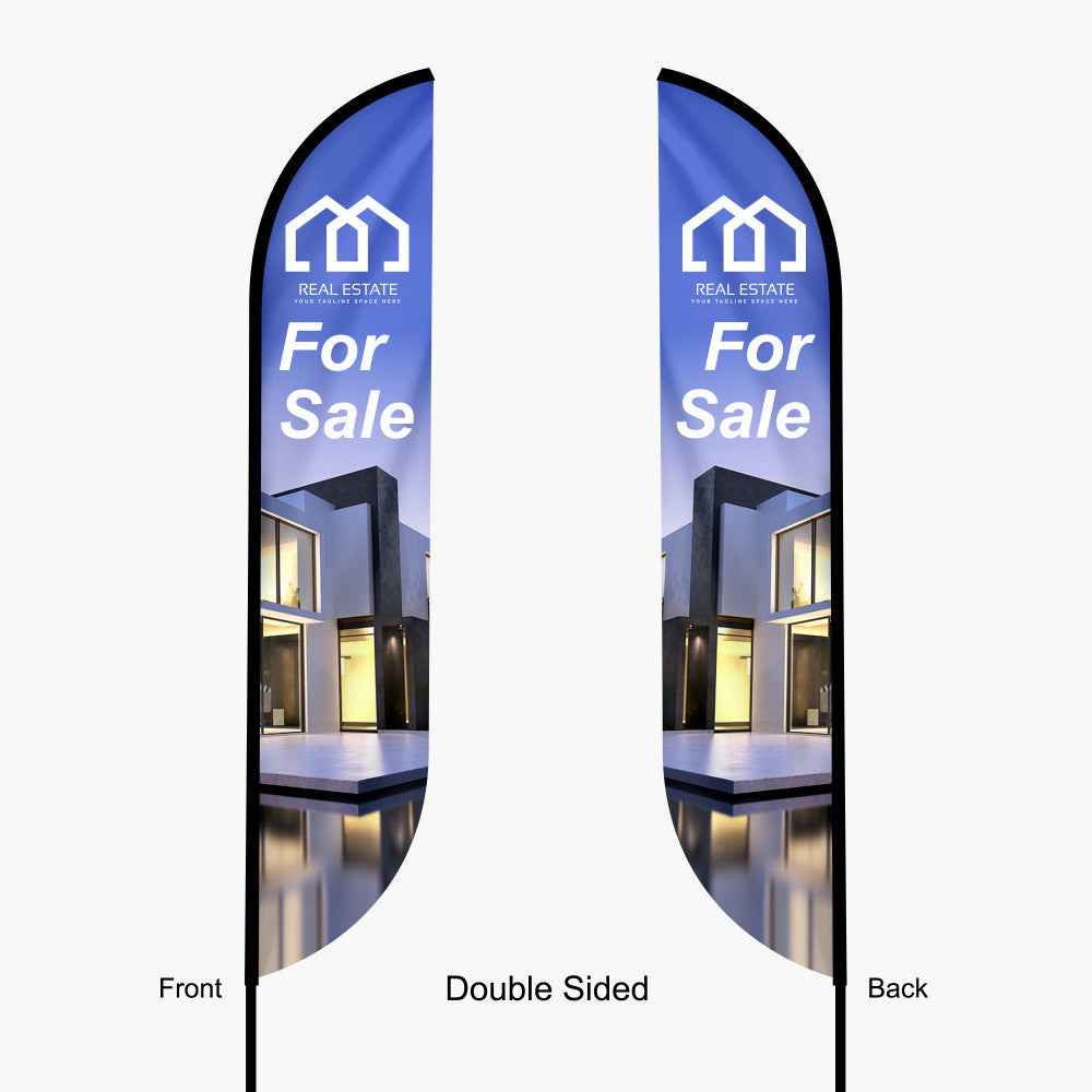 Double-sided feather angle flags manufactured by 760 Print for a client that is using them to advertise their real estate property that is for sale.