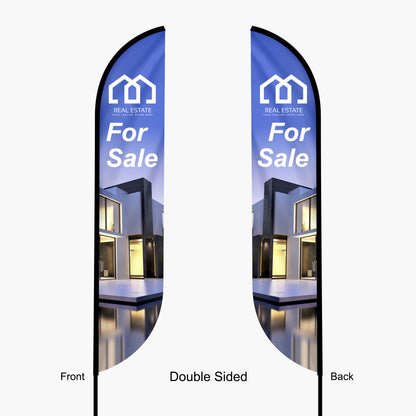 Double-sided feather angle flags manufactured by 760 Print for a client that is using them to advertise their real estate property that is for sale.