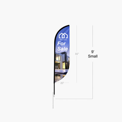 Real estate feather angled flag with 'For Sale' text and house icon on print-thru media by 760 Print in San Diego on a white background.
