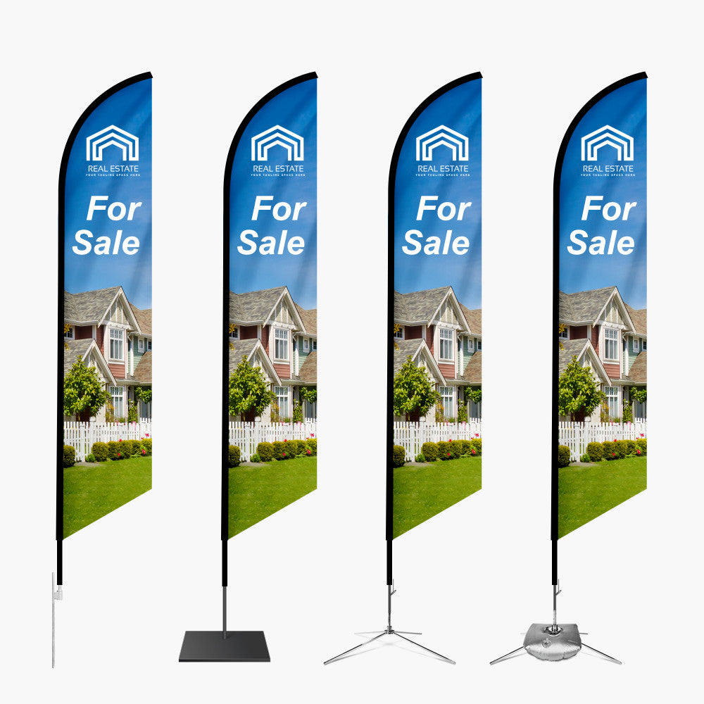 Four feather angled flags set in a row, each with different types of bases that work better or work in different settings. In the example, each flag was custom printed for a open house. 
