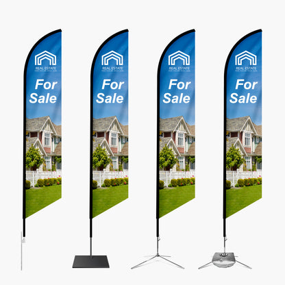 Four feather angled flags set in a row, each with different types of bases that work better or work in different settings. In the example, each flag was custom printed for a open house. 