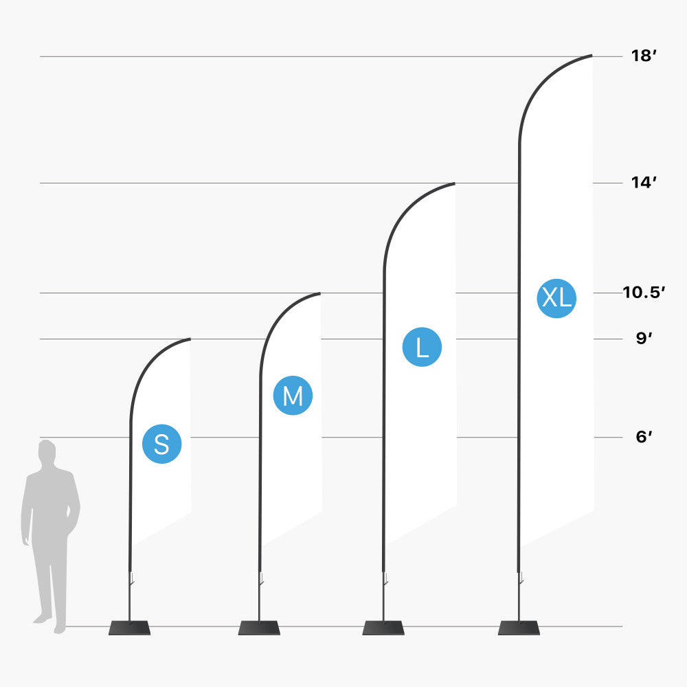 Template diagram for the different sizes of feather angled flags, beginning at 6 feet and scaling up to 18 feet in height, which are offered by 760 print.