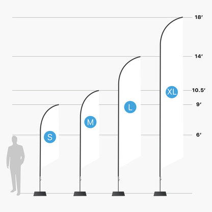 Template diagram for the different sizes of feather angled flags, beginning at 6 feet and scaling up to 18 feet in height, which are offered by 760 print.