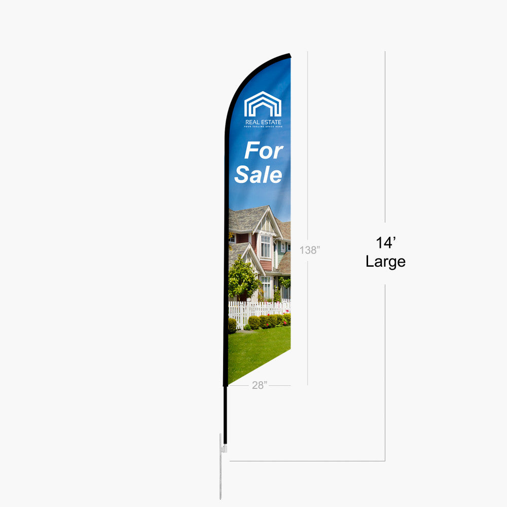 Custom single-sided real estate feather angled flag with print-thru reverse graphic and dimensions on a white background by 760 Print in San Diego.
