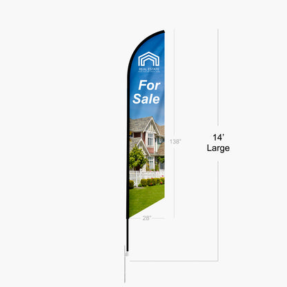 Custom single-sided real estate feather angled flag with print-thru reverse graphic and dimensions on a white background by 760 Print in San Diego.