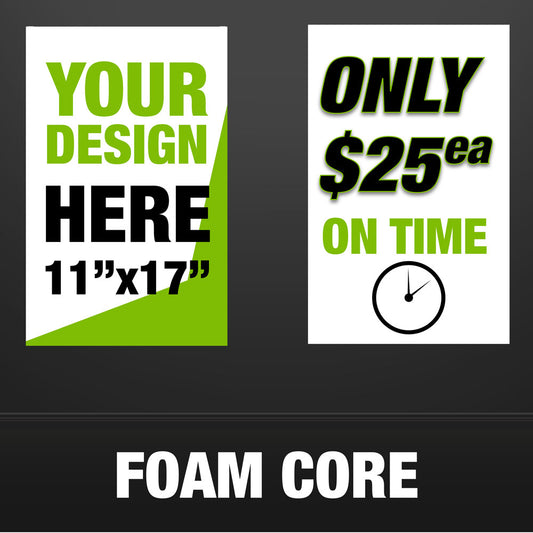 Promotional graphic for foam core with customizable design area and pricing information.
