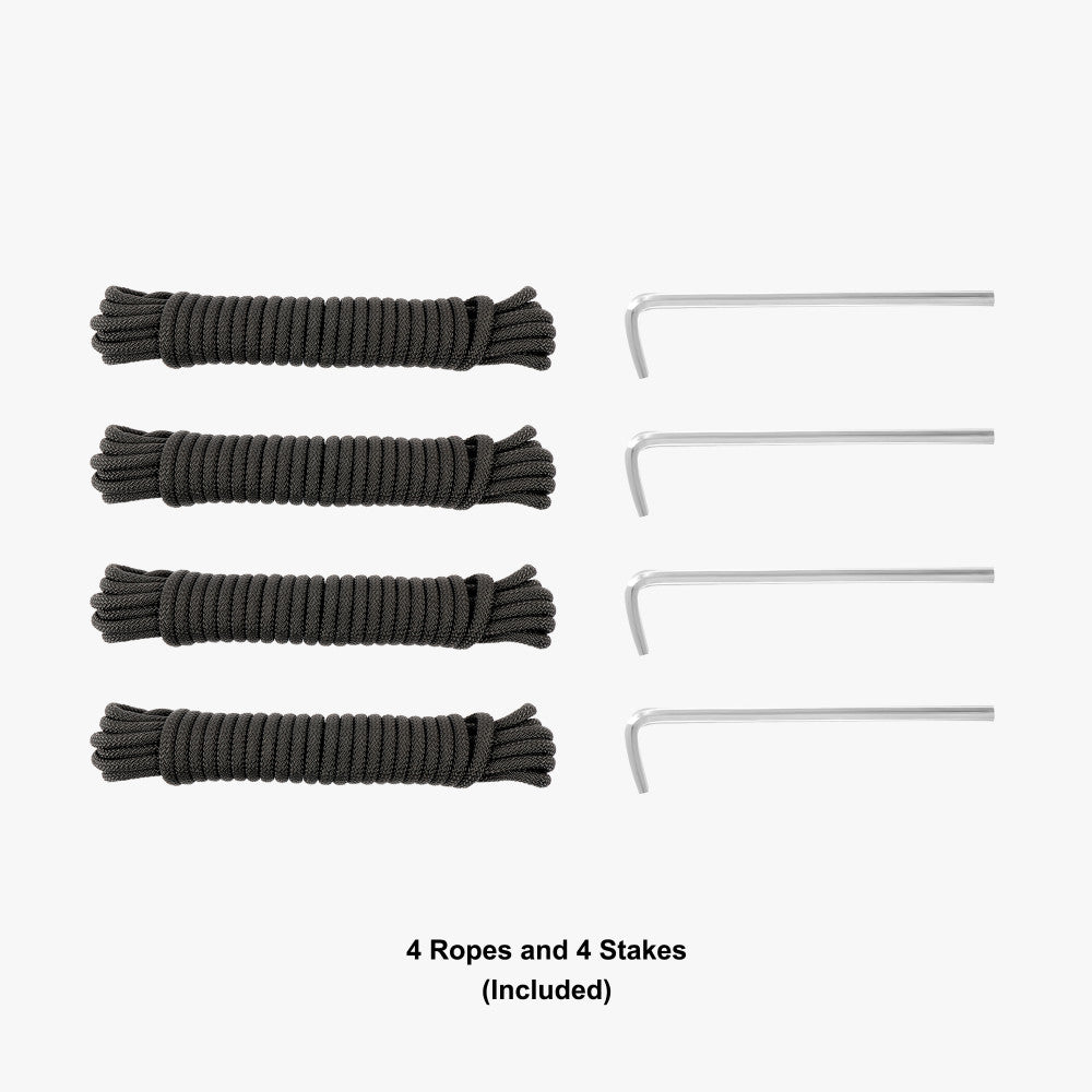 Set of four black ropes and four metal stakes used for pop-up event tent. 
