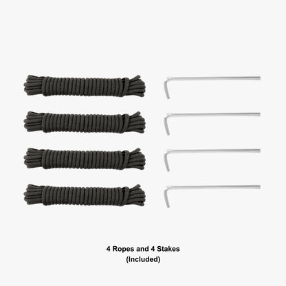 Set of four black ropes and four metal stakes used for pop-up event tent. 