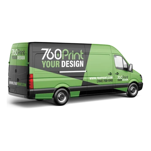 Full commercial vinyl cargo van wrap in green and black, displaying custom business branding, website, and phone number graphics throughout the graphic.