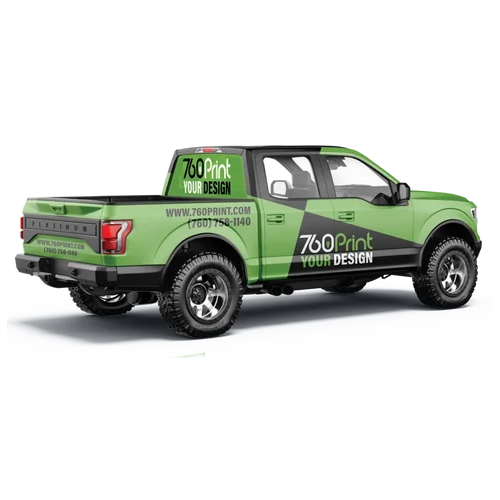 Full commercial vinyl truck wrap in green and black, displaying custom business branding, website, and phone number graphics throughout the graphic.