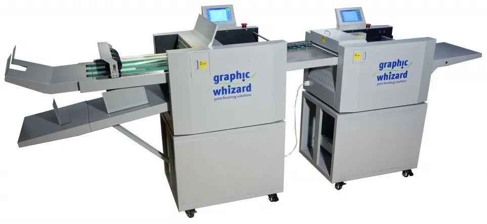 Graphic Whizard PT 335CKF slitter, cutter, and creaser used in commercial print shops for finishing digital printed materials including business cards, brochures, and marketing collateral with automated scoring and perforation.