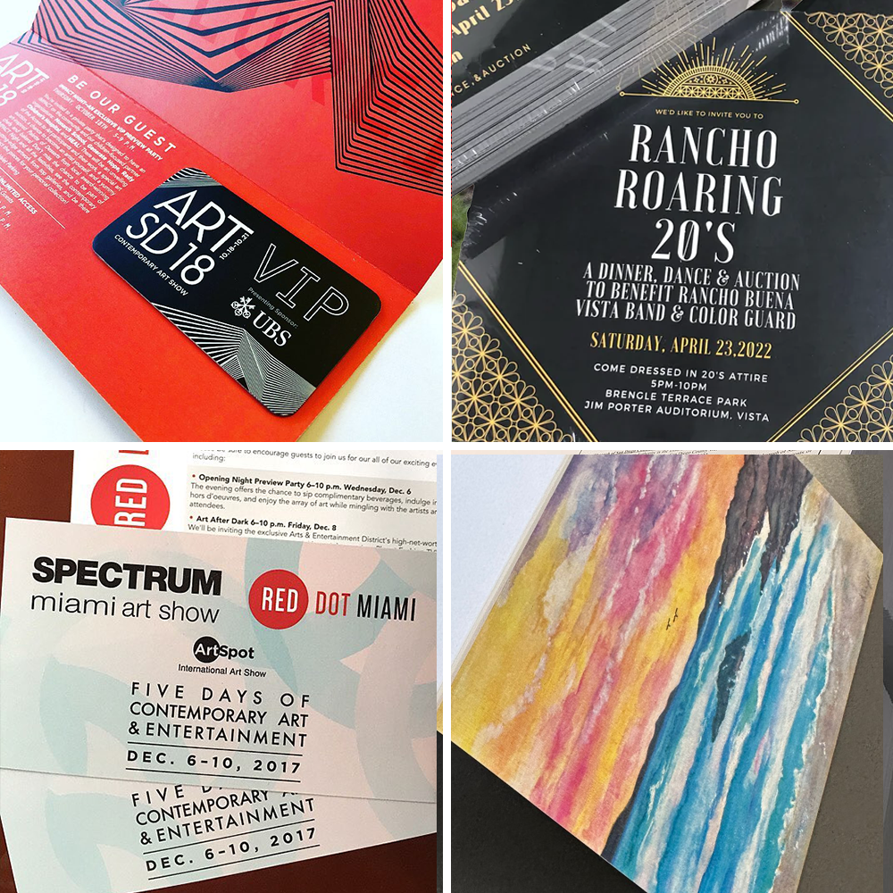 Collection of printed products including invitations with attached VIP cards, information cards, business cards, and fine art prints, showcasing a range of commercial printing capabilities.