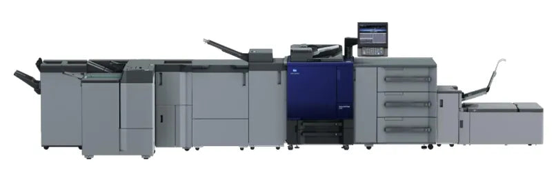 Konica AccurioPress C4080 commercial digital press configured with booklet maker and inline finishing modules.