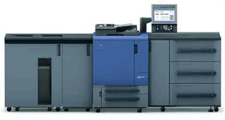 Konica Bizhub PRESS C3070 digital production printer with inline finishing system.