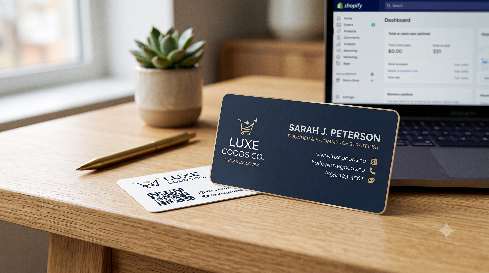 A dark navy business card for Luxe Goods Co. with gold accents is displayed on a wooden desk next to a laptop, with a second card lying on the desk in the foreground.
