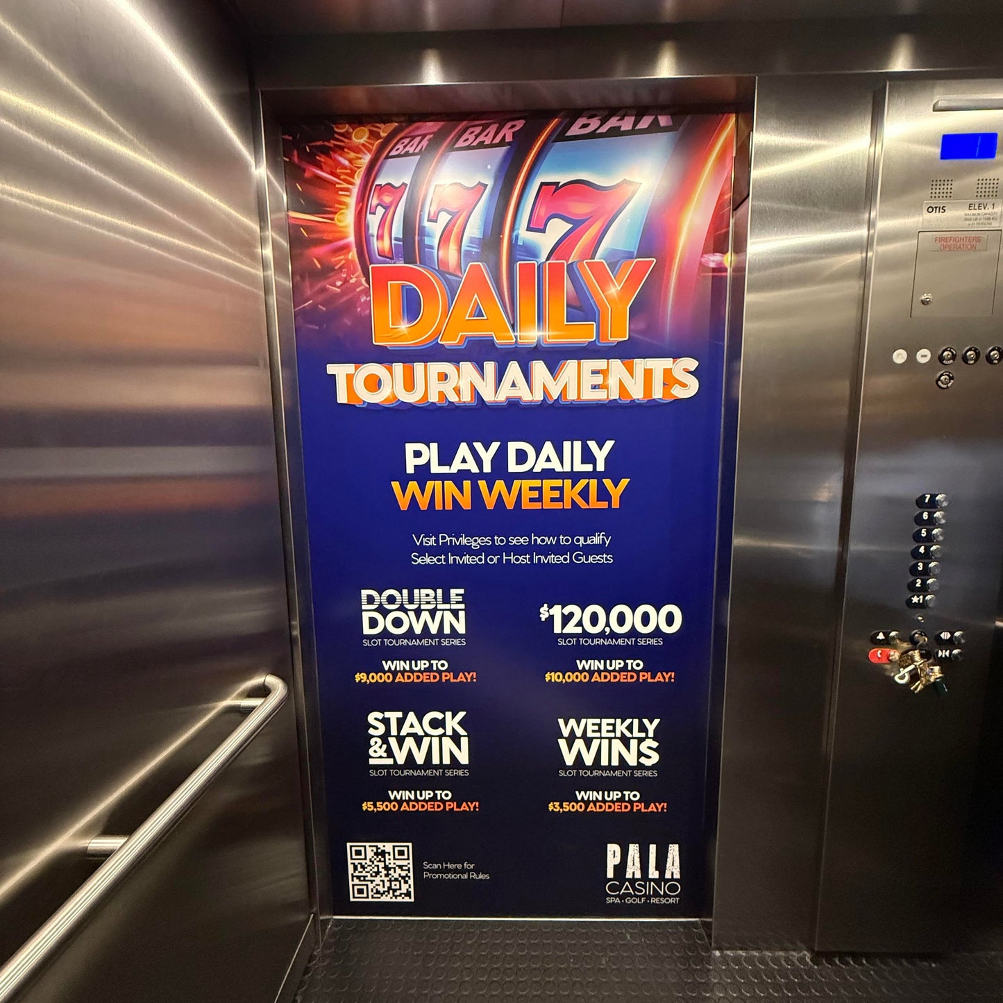 An elevator wrap advertisement for Pala Casino in San Diego, featuring vibrant graphics with text promoting daily tournaments at a casino, showcasing elements such as slot machines and weekly winnings.